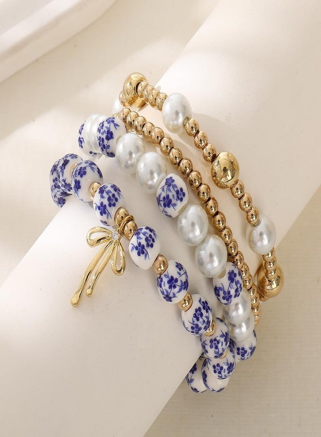 GLMOCM Gold Bow Bracelet for Women Beaded Bow Charm Bracelets Pearl Bow Stretch Bracelets Gold Bead Stackable Bracelet Fashion Jewelry for Women (4 Pieces Blue) - Image 4